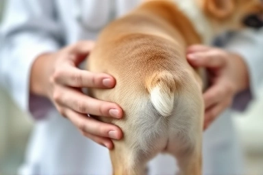 Veterinarian examining dog's anal glands with care.